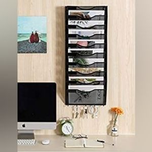 Wall mounted metal mesh file pocket organizer with hooks